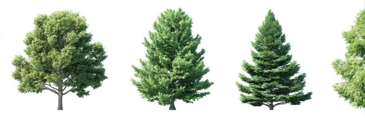 Four different deciduous trees, isolated on white background.  Full, lush foliage displayed on each.  Varying crown shapes and textures