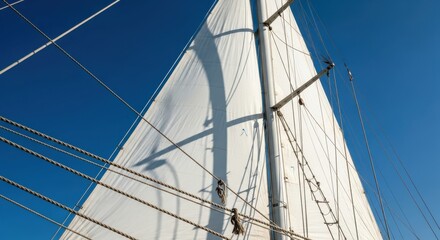 Fototapeta premium Sailboat rigging against azure sky, showcasing sailing, maritime themes, adventure and nautical