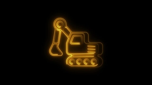 Glowing yellow neon excavator icon on black background construction machinery industrial heavy
