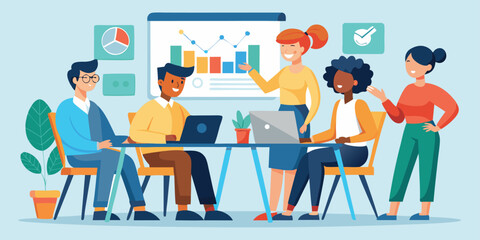 Business Meeting. Vector cartoon illustration in a flat style of a group of diverse people leading a discussion at a table near a whiteboard with charts and graphs. Isolated on background