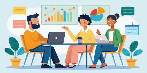 Business Meeting. Vector cartoon illustration in a flat style of three diverse people leading a discussion at a table near a whiteboard with charts and graphs. Isolated on background