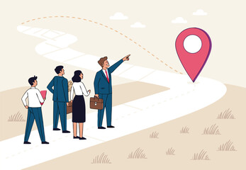 Business Way Concept. Vector cartoon illustration of a group of people in business suits standing at the start of a path with a leader at the head pointing to the final location pin