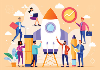 Business Startup Concept. Vector cartoon illustration of a group of diverse people in business suits assembling a rocket for launch. Isolated on background