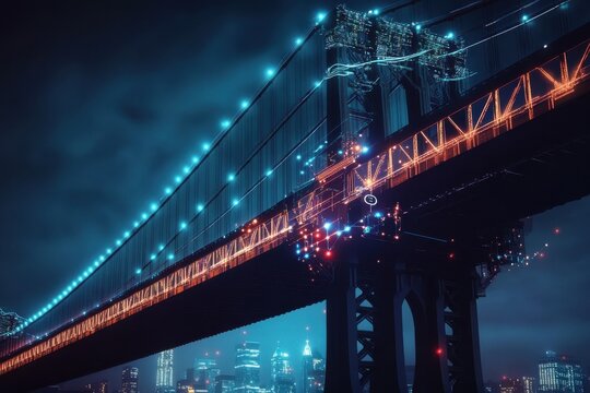 Brooklyn Bridge illuminated at night with vibrant city skyline in the background