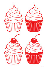 Four Red Cupcakes Two Plain, Two with Cherries, Stylized Vector Art