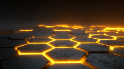 Obraz premium Large, orange hexagonal pattern on a black background. The pattern is made up of small. Scene is warm and inviting