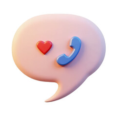 A charming, 3D rendered speech bubble, subtly colored pink, showcases a heart and a telephone icon, suggesting a warmhearted, communicative concept.
