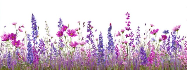 Colorful wildflowers in various shades of pink and purple, arranged in a horizontal row against a pure white background