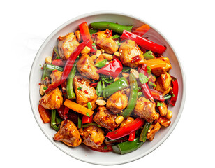 Kung pao chicken with vegetables in white bowl isolated png transparent background
