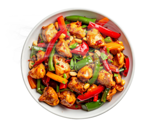Kung pao chicken with vegetables in white bowl isolated png transparent background