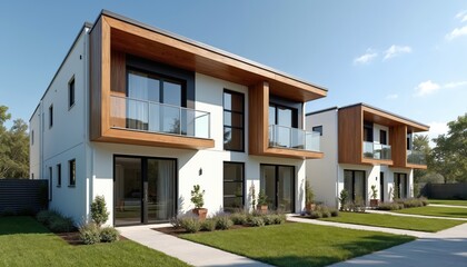 Fototapeta premium Contemporary duplex homes feature white facades, wood accents, glass balconies. Residence private entrance, offering modern, affordable suburban living. Green lawns, clear skies create welcoming