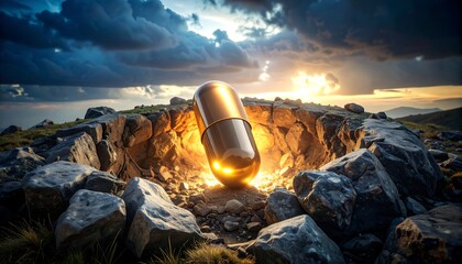 Glowing Capsule in Rocky Landscape with Dramatic Sunset