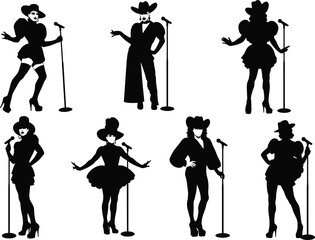 A set of elegant drag queen silhouettes in various poses with microphones and cowboy hats, perfect for performance art and entertainment designs.