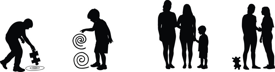 Black Silhouette Vector Set Showing Family Bonding, Puzzle Solving, and Child Development Activities for Parenting and Education Themes