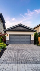 Modern garage with paved driveway