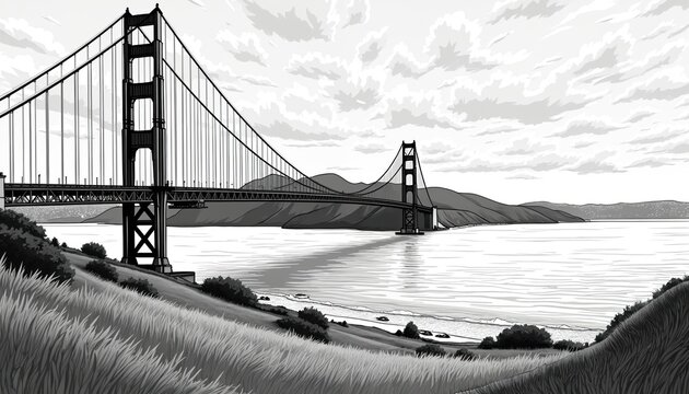 Golden Gate Bridge hand-drawn comic illustration. Stylized cartoon captures iconic San Francisco landmark. Features suspension structure over water with surrounding hills, cloudy sky. Art shows urban