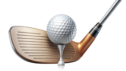 A golf ball on a tee with a golf club, isolated on transparent background, ready for a perfect swing on the green