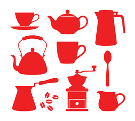 Red Silhouettes of Coffee and Tea Utensils