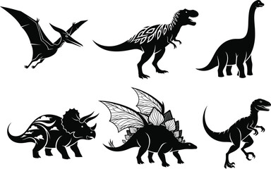 Dinosaur silhouette vector set with prehistoric creatures, flying reptiles, fantasy wings, Jurassic animals, black design, mythical illustration collection