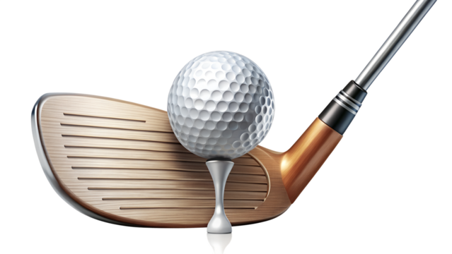 A golf ball on a tee with a golf club, isolated on transparent background, ready for a perfect swing on the green - Powered by Adobe