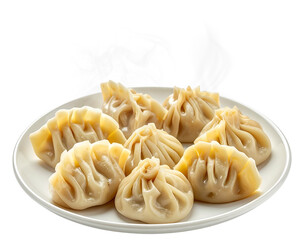 Steamed dumplings in white plate isolated png transparent background