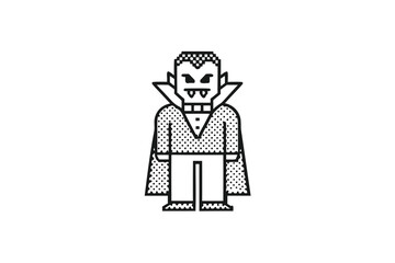 Pixelated vampire standing boldly in black and white is outlined with distinctive features