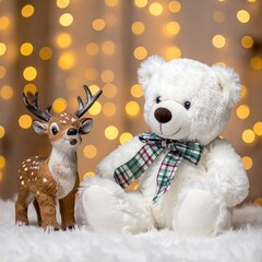 Festive plush toys on a soft surface with holiday lights