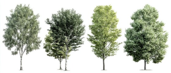 Fototapeta premium Four trees of varying shades of green foliage against a white background