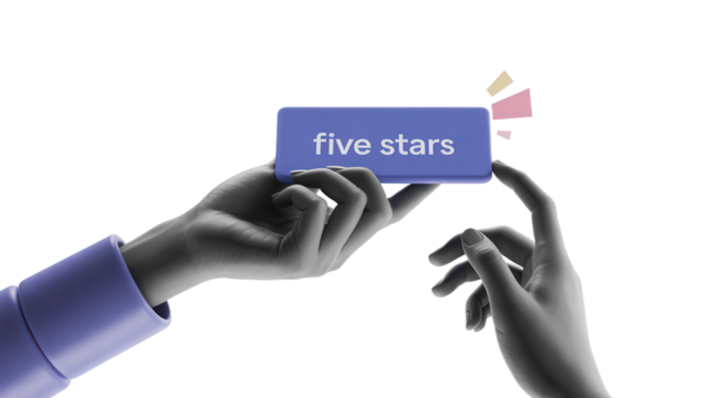 Hand holding a five stars button concept of rating and feedback isolated on white background