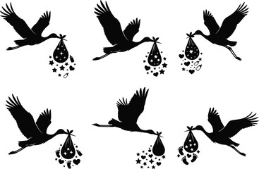 Stork delivering baby bundle silhouettes with stars hearts and footprints — magical newborn arrival icons for baby shower, birth announcement, and nursery decor.