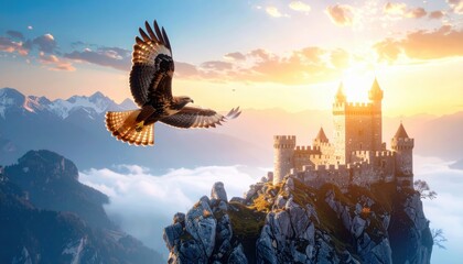 Majestic Hawk Soaring Above Fortress Nestled Amidst Misty Mountain Peaks