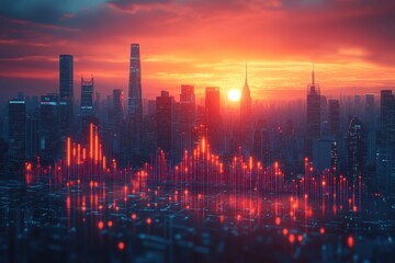 Fototapeta premium Sunset over a bustling city skyline with vibrant sound wave patterns in the foreground