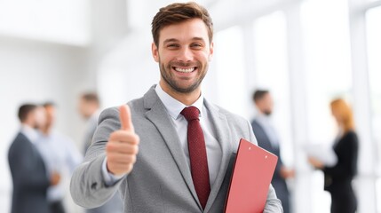 real estate business sale and people concept  happy smiling realtor or businessman with folder showing thumbs up and customers at new office room no logos no brands ar 169