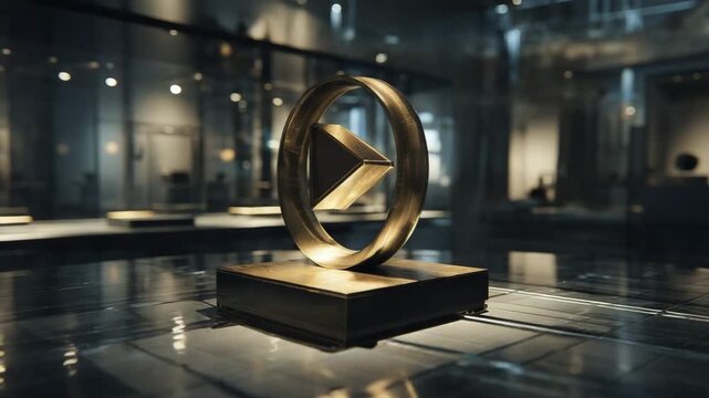 Golden trophy symbol on pedestal in modern display case  