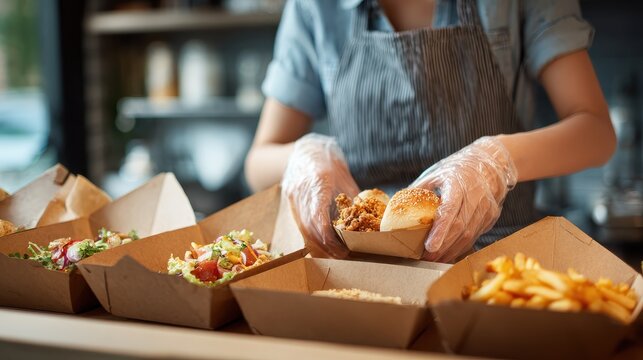 young woman preparing take away fast food during coronavirus outbreak  focus on hands no logos no brands ar 169