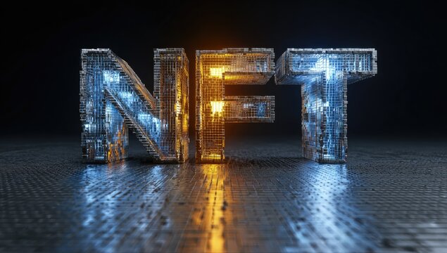NFT text, futuristic, glowing, metallic