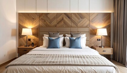 Modern bedroom with light wooden wall paneling
