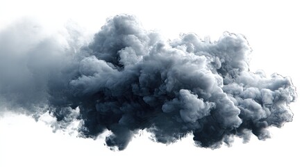 Dense, dark gray cloud formation against a plain white background.  A dramatic, swirling mass of smoke or cloud
