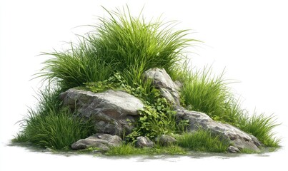 A mound of rocks overgrown with lush green grass and small plants