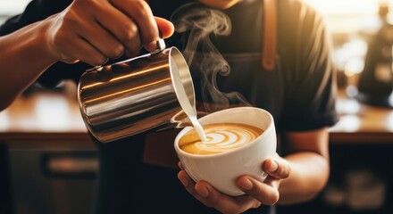 Crafting coffee artistry: Barista delicately infusing steamed milk into a robust espresso creating