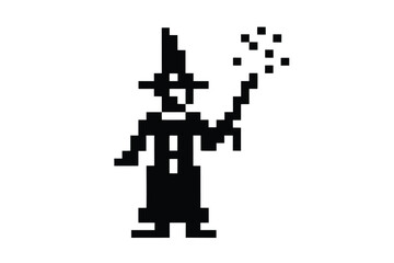 Pixelated wizard casts a spell with his magic wand creating sparkling light effects around him