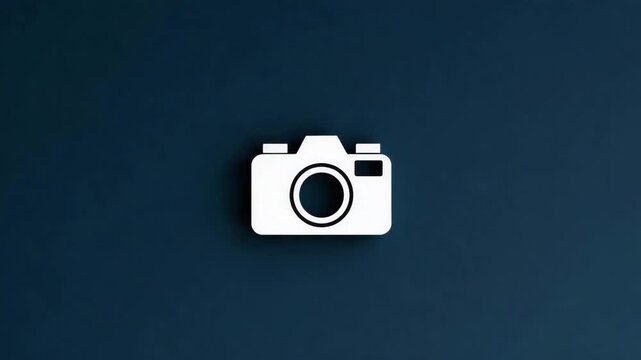 White camera icon on dark blue background in flat design style  