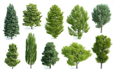 Diverse tree collection on white background.  Various green leafy trees,  isolated.  Different shapes and sizes.  Realistic digital render