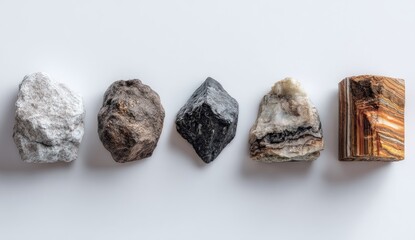 Five geological specimens arranged in a horizontal row on a white background. Each rock exhibits unique colors and textures