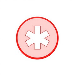 Fototapeta premium Simple red asterisk enclosed in a circle on a light background, symbolizing attention, alert, special note, error, or medical reference.