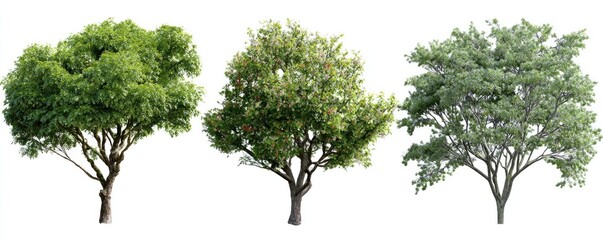 Three different trees against a white background
