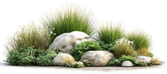 Landscape design with various grasses and small plants nestled amongst large rocks