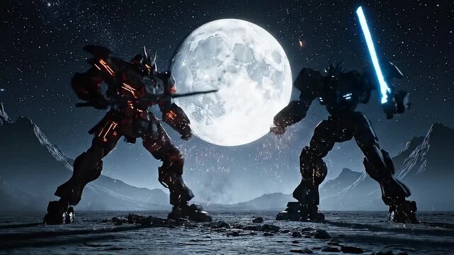Dynamic robot battle unfolds dramatically under a brilliant moonlit sky creating a futuristic sci-fi spectacle of robotic warfare