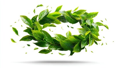 Fresh green tea leaves in a dynamic circular motion, with scattered leaves