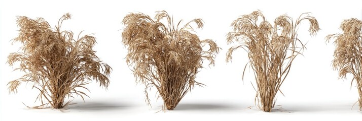 Four clusters of dried, light beige grasses against a white background
